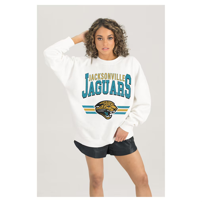 Women's Jacksonville Jaguars Gameday Couture White Sunday Drives Oversized Crewneck Pullover Sweatshirt(Run Small)